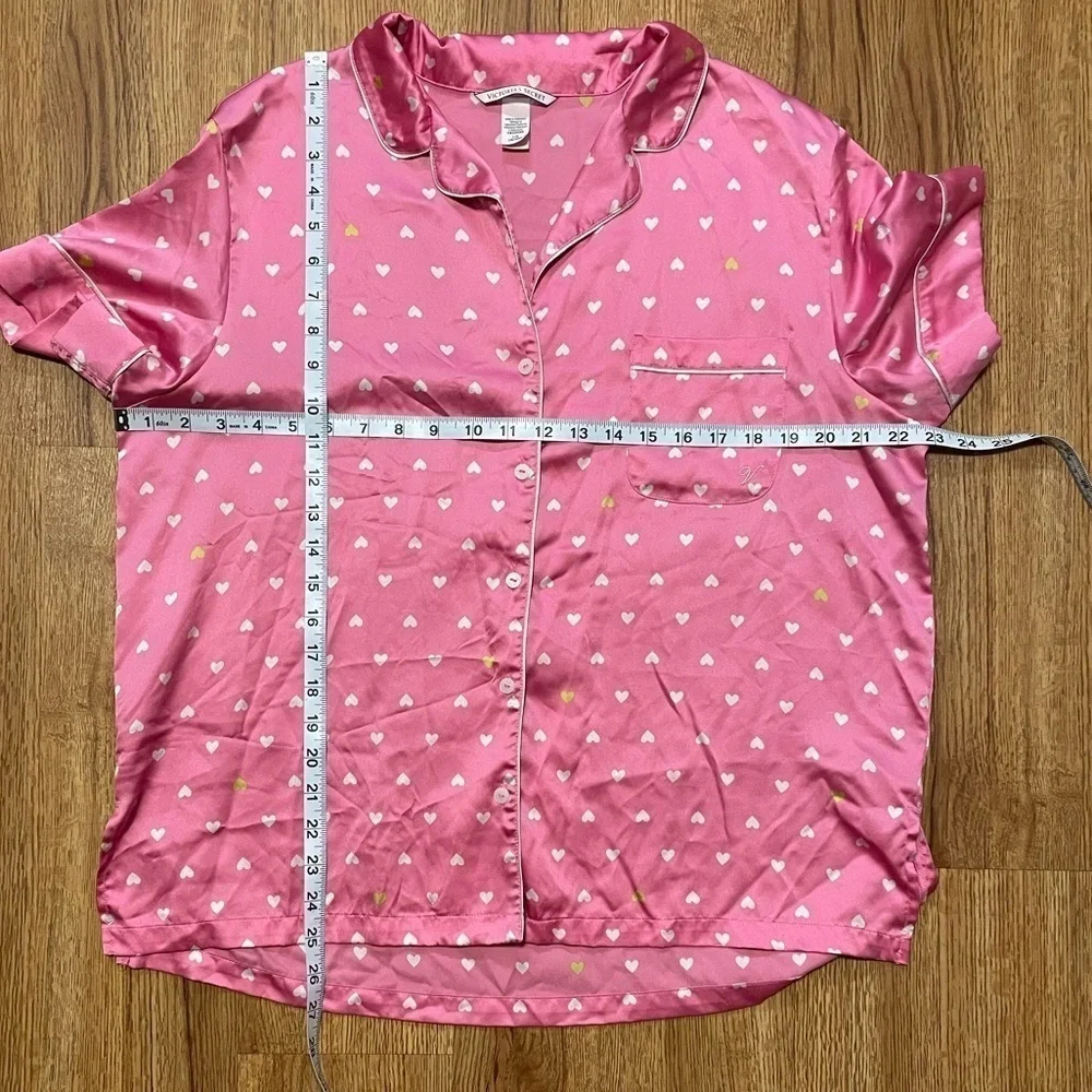Victoria secret pink heart print short sleeve button up sleep shirt silk satin